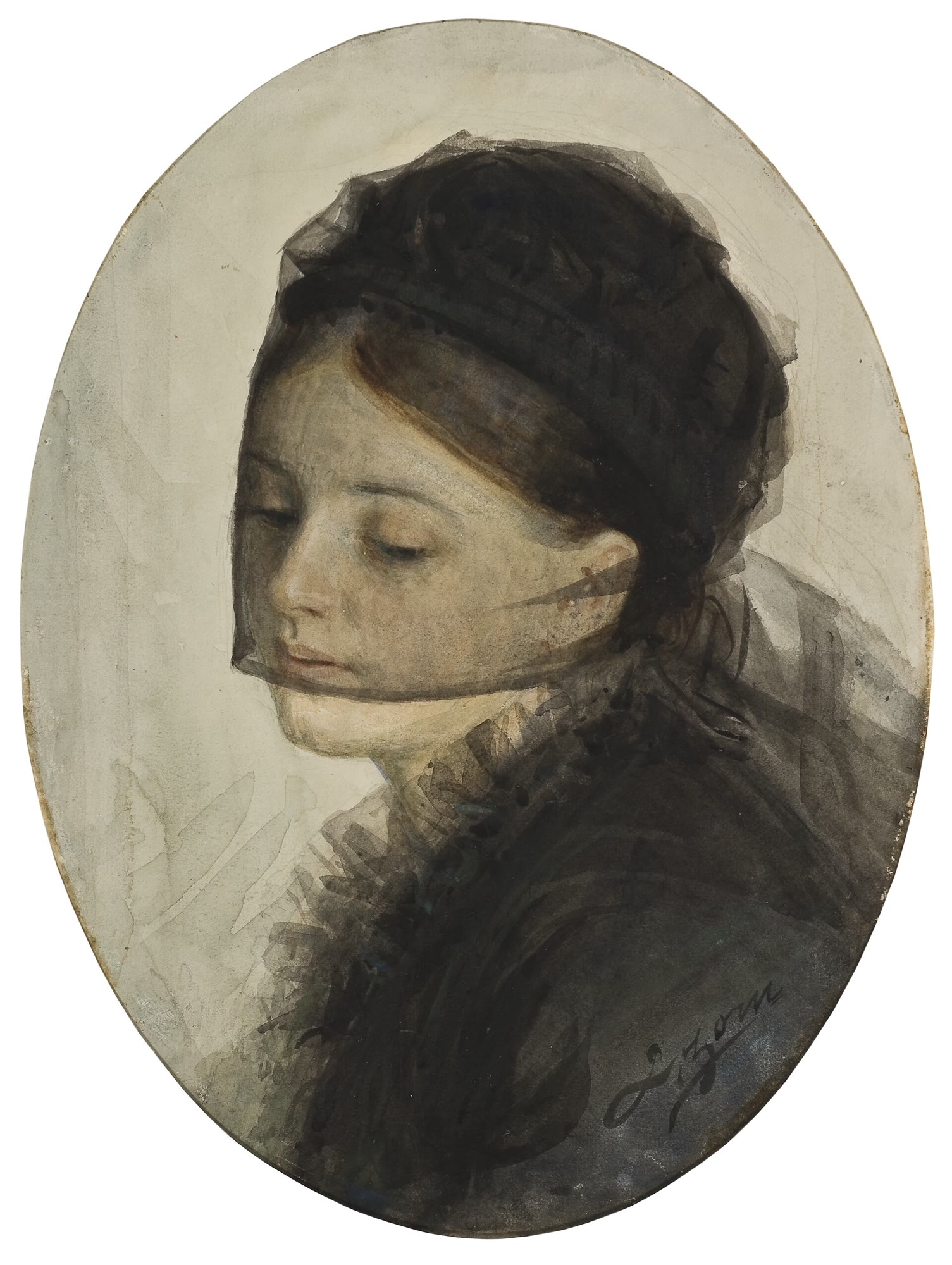 I sorg , 1880. Akvarell på papper, 42 × 31 cm. Nationalmuseum, Stockholm.