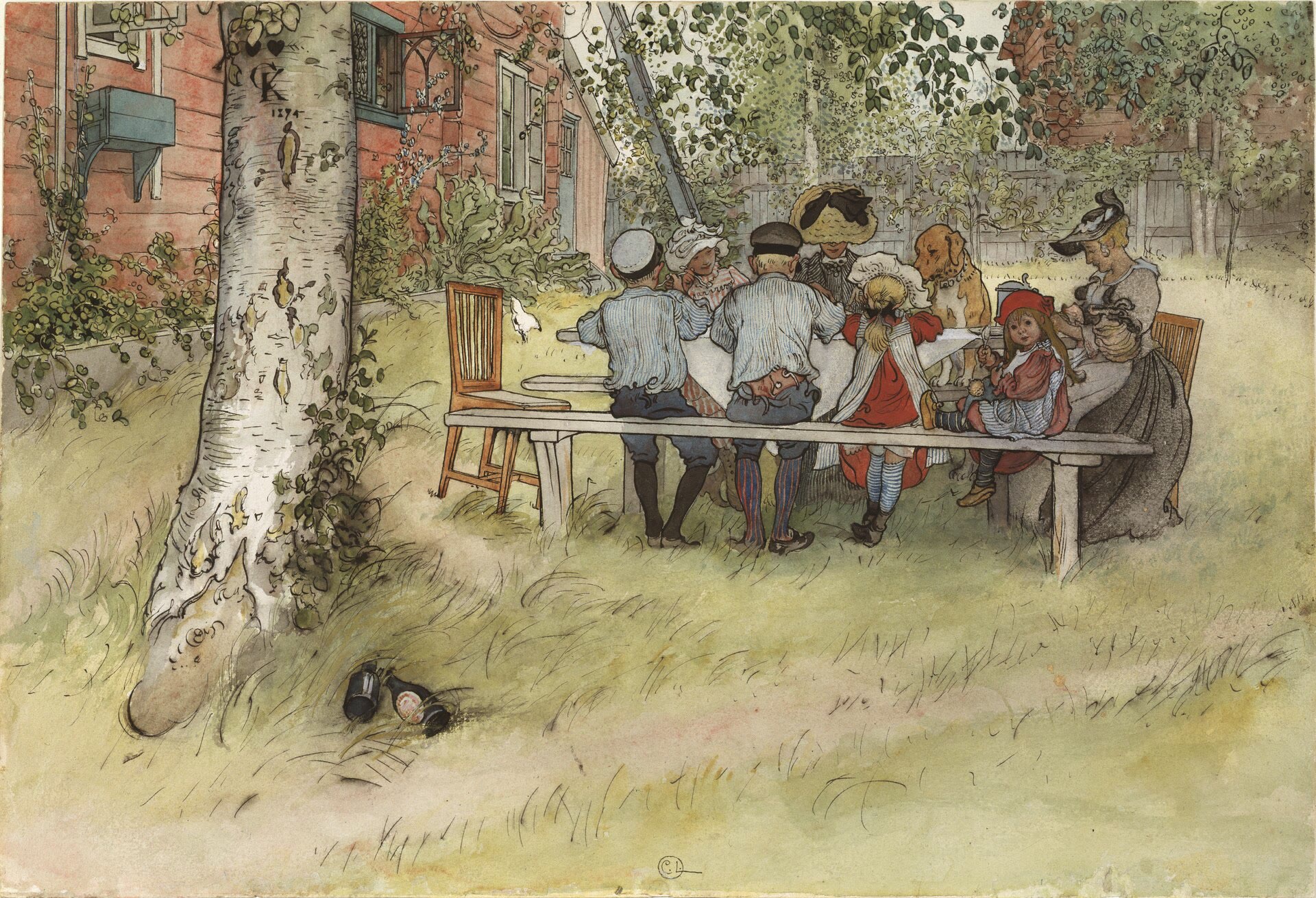Frukost under stora björken , 1895. Akvarell, 32 × 43 cm. Nationalmuseum, Stockholm.