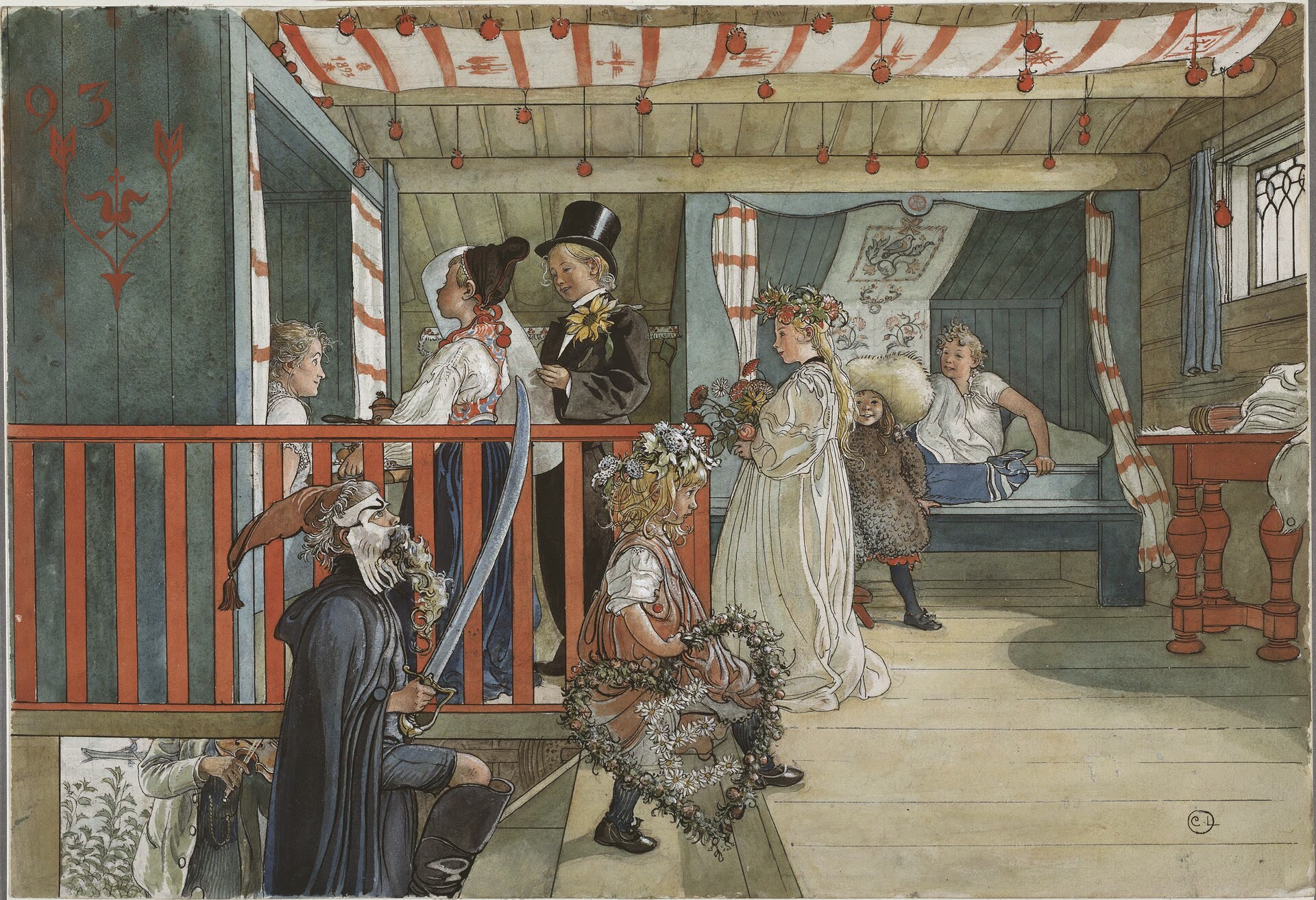 Namnsdag på härbret , ca 1895. Akvarell, 32 × 43 cm. Nationalmuseum, Stockholm.