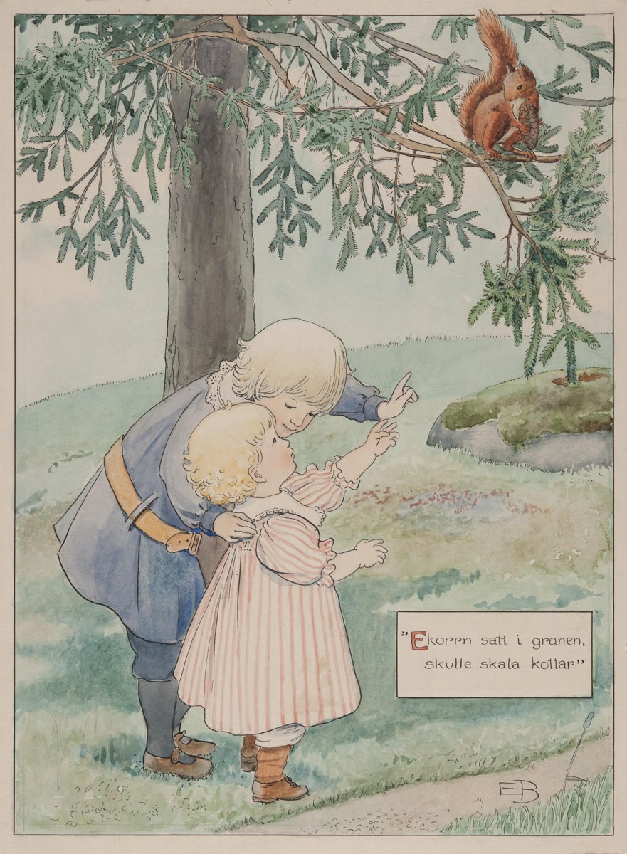 Ekorrn satt i granen , 1903. Penna och svart bläck, akvarell på papper, 38 × 28 cm. Nationalmuseum, Stockholm.