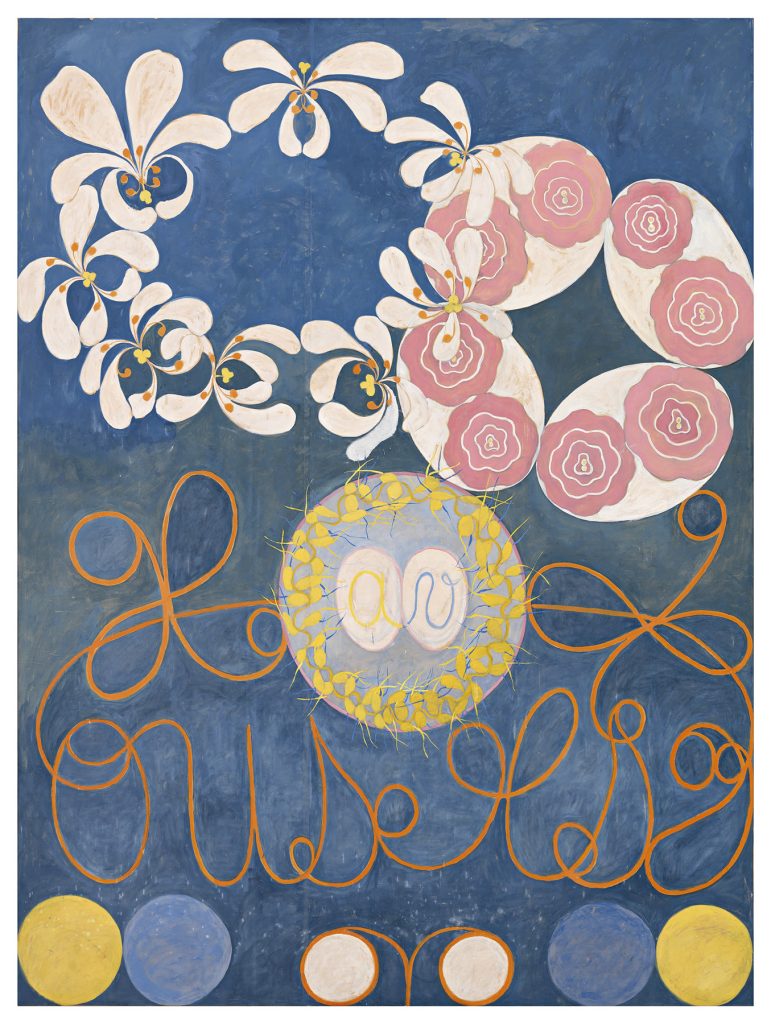 De tio största, nr 1, Barnaåldern , 1907. Tempera på papper, uppfodrat på duk, 322 × 239 cm. Stiftelsen Hilma af Klints Verk.