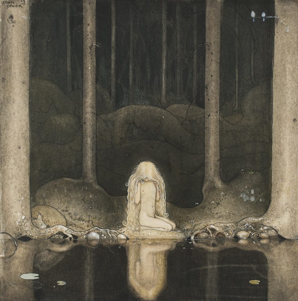 Ännu sitter Tuvstarr kvar och ser ner i vattnet , 1913. Akvarell på papper, 25,2 × 25 cm. Malmö konstmuseum, Malmö.
