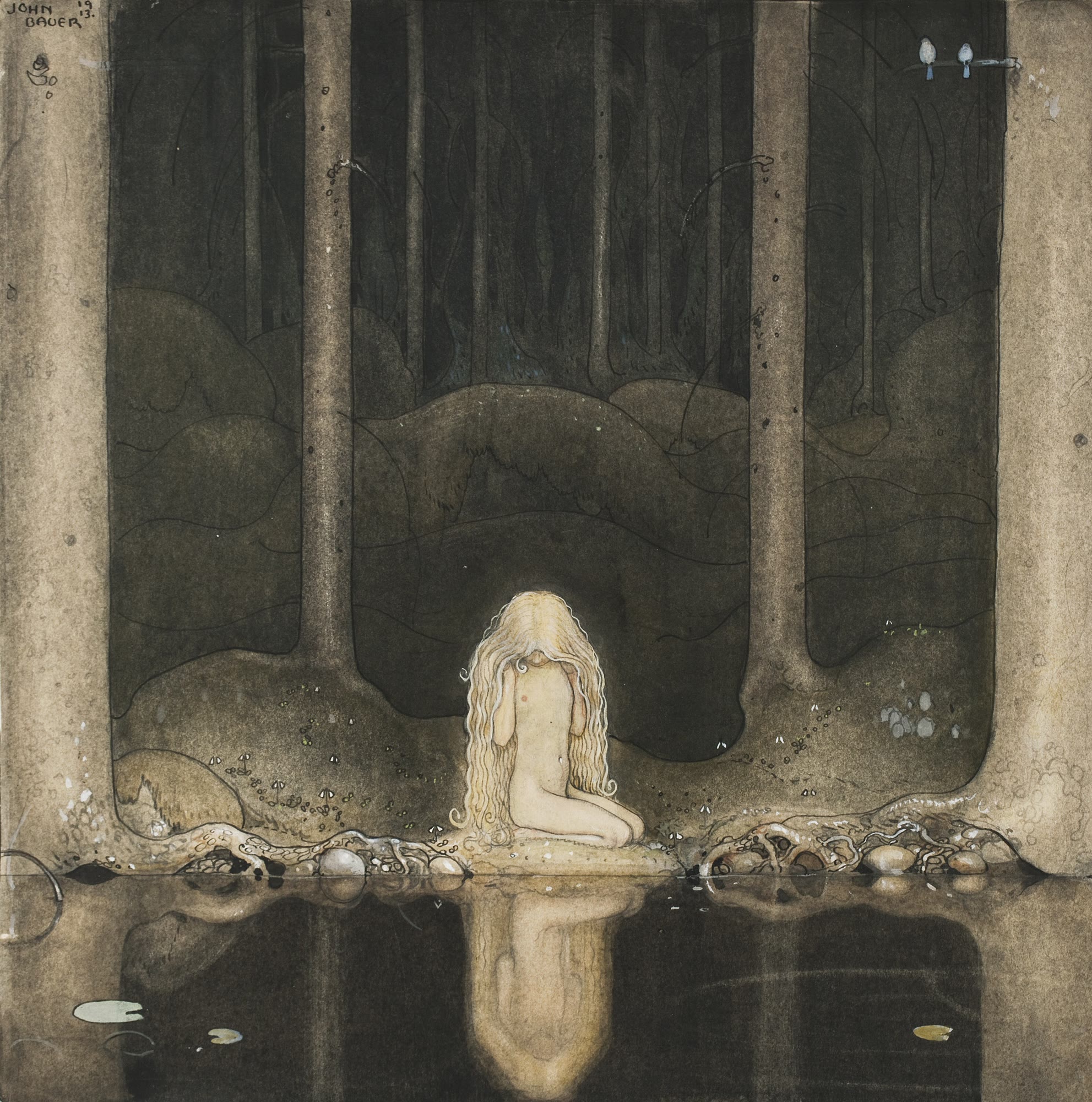 Ännu sitter Tuvstarr kvar och ser ner i vattnet , 1913. Akvarell på papper, 25,2 × 25 cm. Malmö konstmuseum, Malmö.