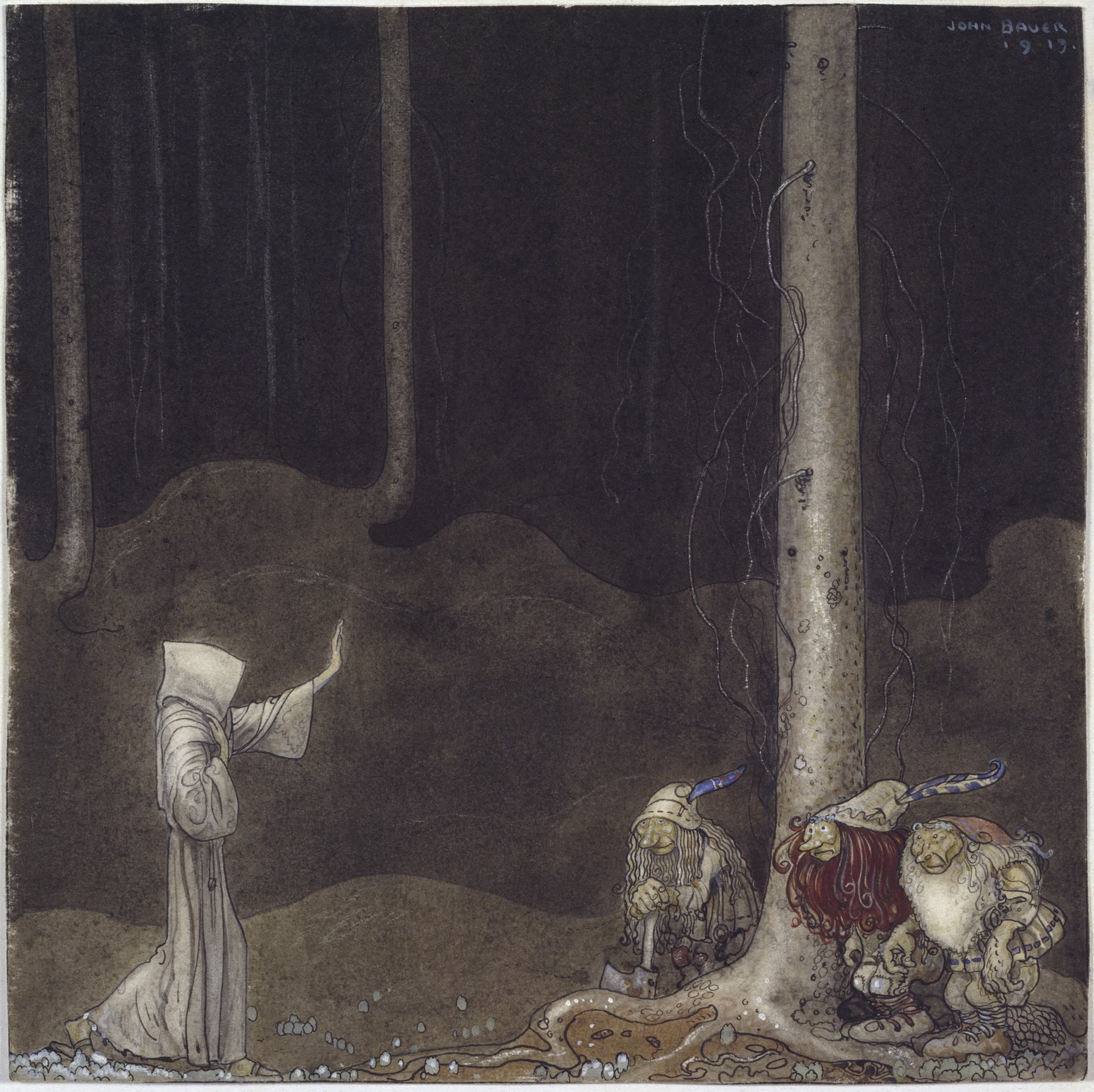 Broder S:t Martin och de tre trollen , 1913. Akvarell, 25 × 25 cm. Nationalmuseum, Stockholm.