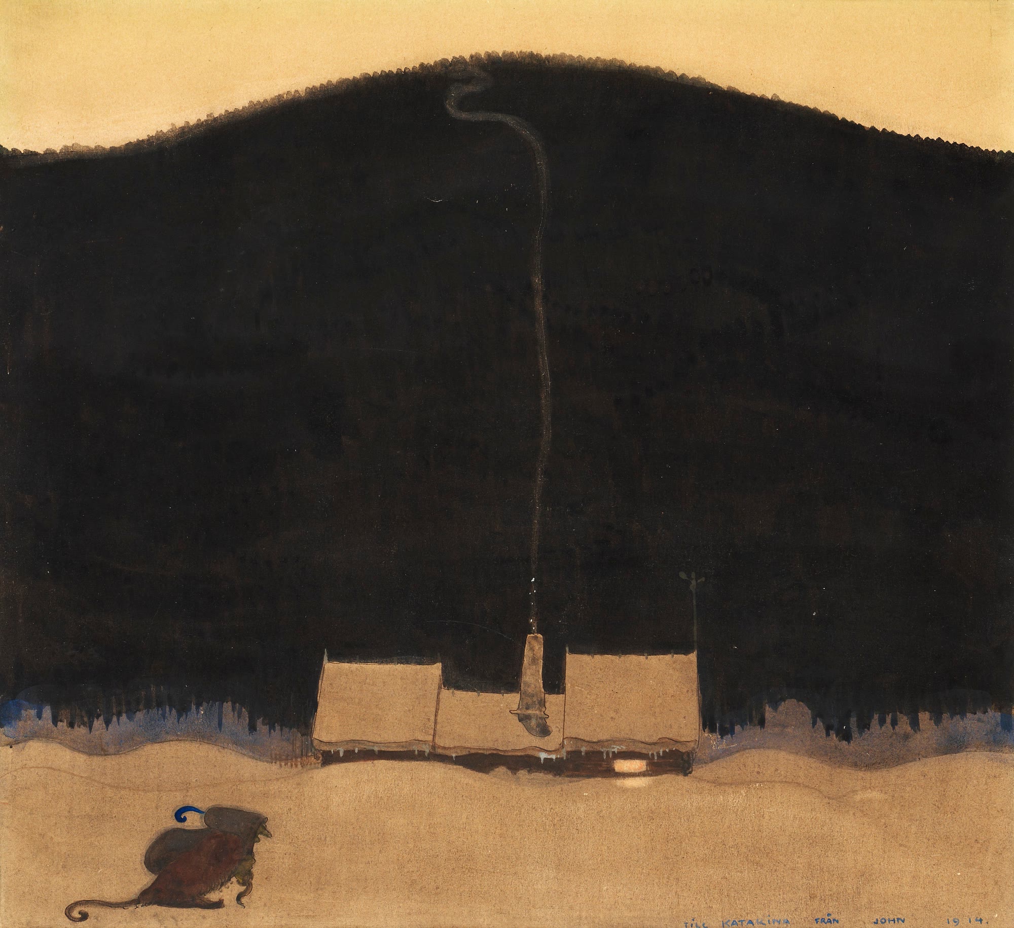 Stugan vid bergets fot , ur ”När Trollmor skötte Kungens Storbyk”, 1914. Bokillustration.