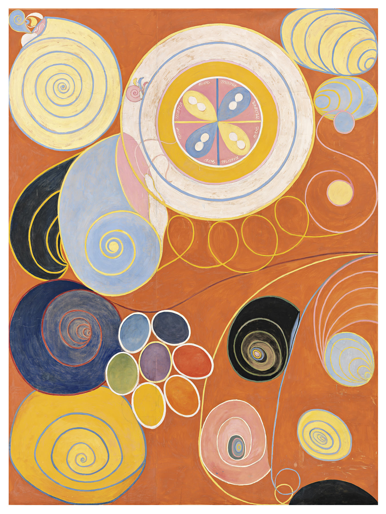 De tio största, nr 3, Ynglingaåldern , grupp IV, 1907. Tempera på papper, uppfodrat på duk, 321 × 240 cm. Stiftelsen Hilma af Klints Verk.